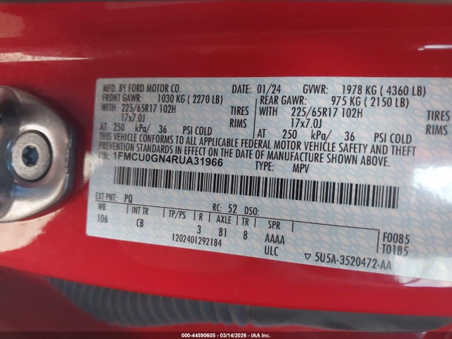 Продажа на аукционе авто 2024 Ford Escape Active, vin: 1FMCU0GN4RUA31966, номер лота: 44590605