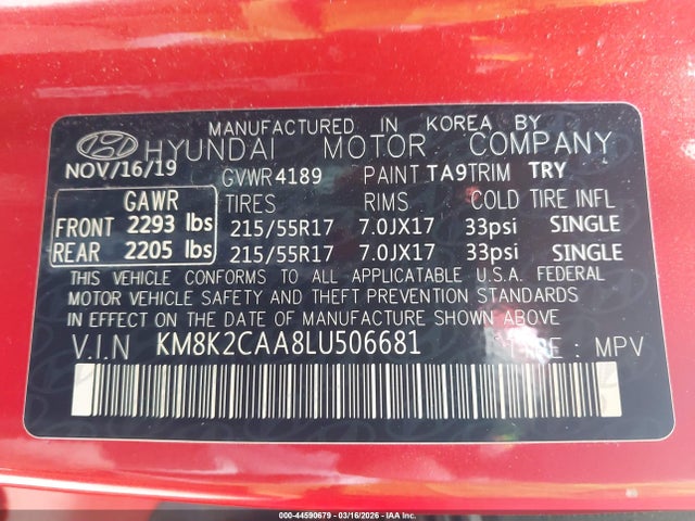 KM8K2CAA8LU506681 Hyundai Kona Sel