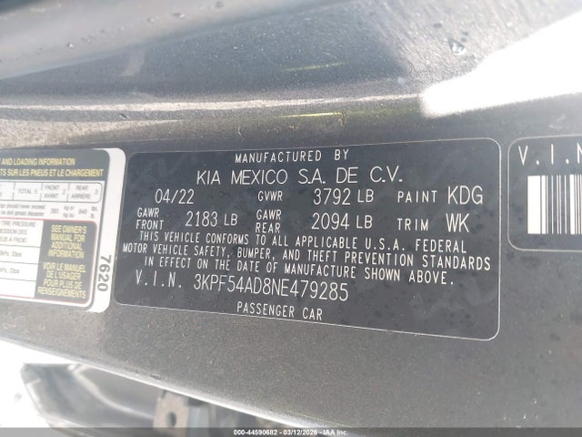 Продаж на аукціоні авто 2022 Kia Forte Gt-line, vin: 3KPF54AD8NE479285, номер лоту: 44590682