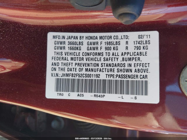44590683 :رقم المزاد ، JHMFB2F52CS001192 vin ، 2012 Honda Civic Lx مزاد بيع