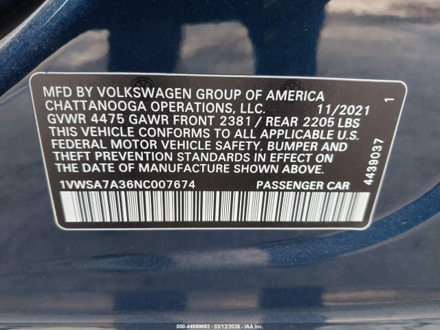 2022 Volkswagen Passat 2.0t Se მანქანა იყიდება აუქციონზე, vin: 1VWSA7A36NC007674, აუქციონის ნომერი: 44590693