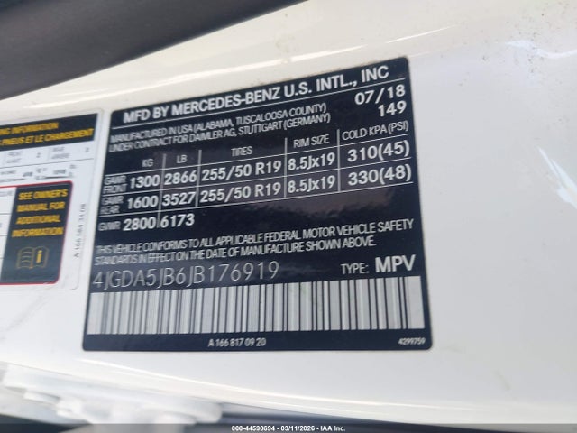 2018 Mercedes-benz Gle 350 მანქანა იყიდება აუქციონზე, vin: 4JGDA5JB6JB176919, აუქციონის ნომერი: 44590694