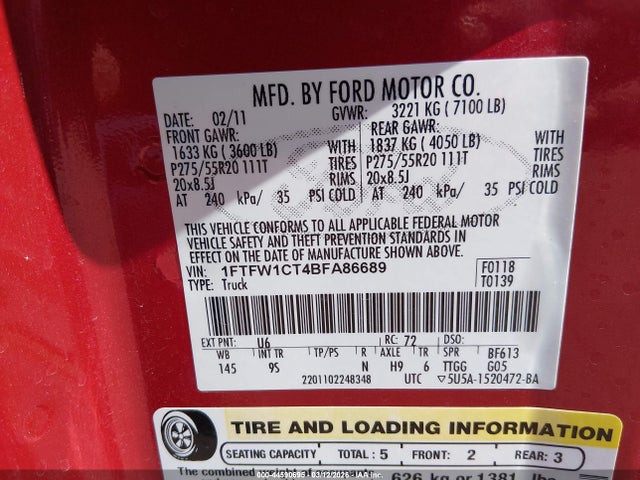 Продаж на аукціоні авто 2011 Ford F-150 Platinum, vin: 1FTFW1CT4BFA86689, номер лоту: 44590695