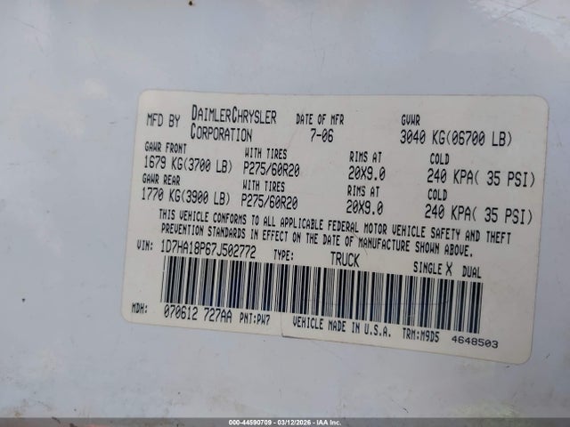 Aukcja sprzedaży 2007 Dodge Ram 1500 Slt, vin: 1D7HA18P67J502772, numer aukcji: 44590709