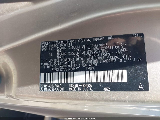 2006 Toyota Tundra Base V8 მანქანა იყიდება აუქციონზე, vin: 5TBKT42176S480467, აუქციონის ნომერი: 44590743