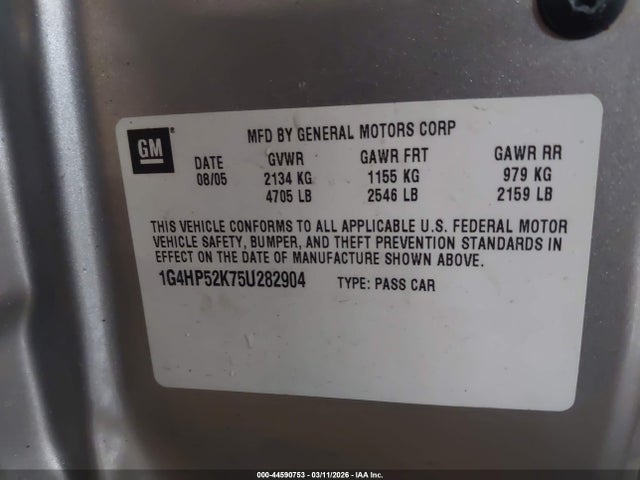 44590753 :رقم المزاد ، 1G4HP52K75U282904 vin ، 2005 Buick Lesabre Custom مزاد بيع