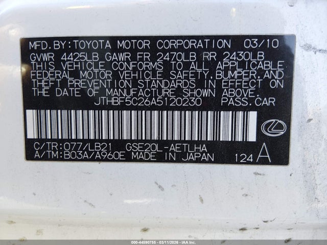 44590755 :رقم المزاد ، JTHBF5C26A5120230 vin ، 2010 Lexus Is 250 مزاد بيع
