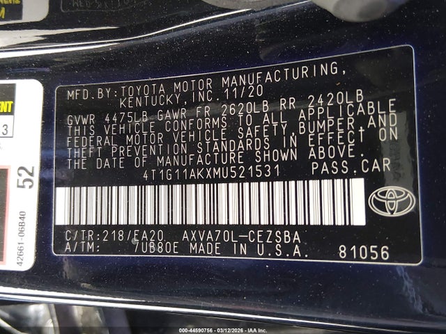 4T1G11AKXMU521531 Toyota CAMRY SE