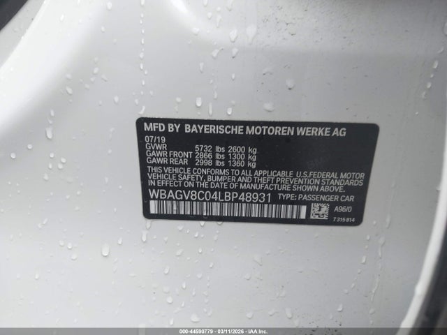 44590779 :رقم المزاد ، WBAGV8C04LBP48931 vin ، 2020 Bmw M850i Gtan Coupe Xdrive مزاد بيع