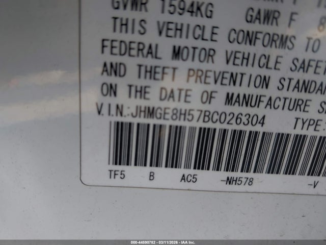44590782 :رقم المزاد ، JHMGE8H57BC026304 vin ، 2011 Honda Fit Sport مزاد بيع