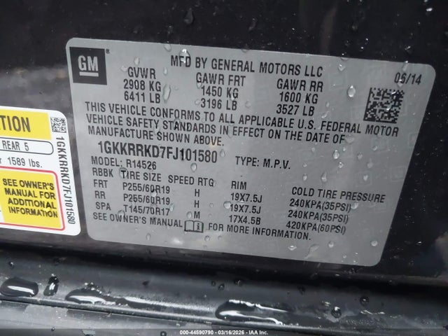 Aukcja sprzedaży 2015 Gmc Acadia Slt-1, vin: 1GKKRRKD7FJ101580, numer aukcji: 44590790