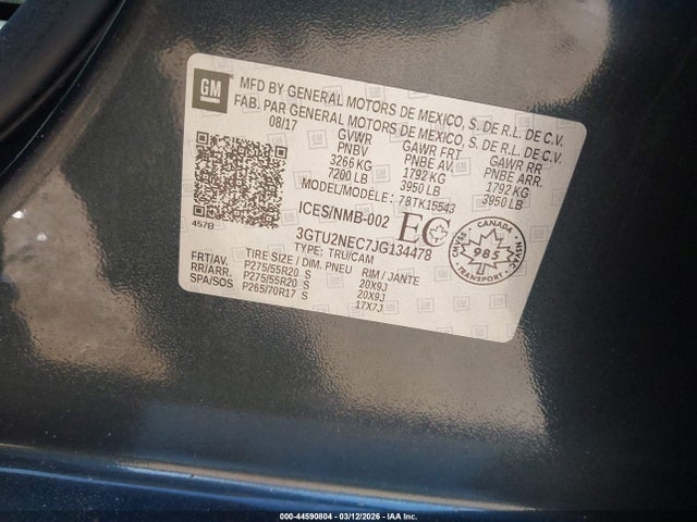 2018 Gmc Sierra 1500 Slt მანქანა იყიდება აუქციონზე, vin: 3GTU2NEC7JG134478, აუქციონის ნომერი: 44590804