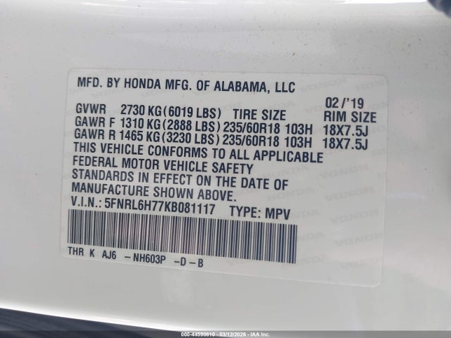 2019 Honda Odyssey Ex-l მანქანა იყიდება აუქციონზე, vin: 5FNRL6H77KB081117, აუქციონის ნომერი: 44590810