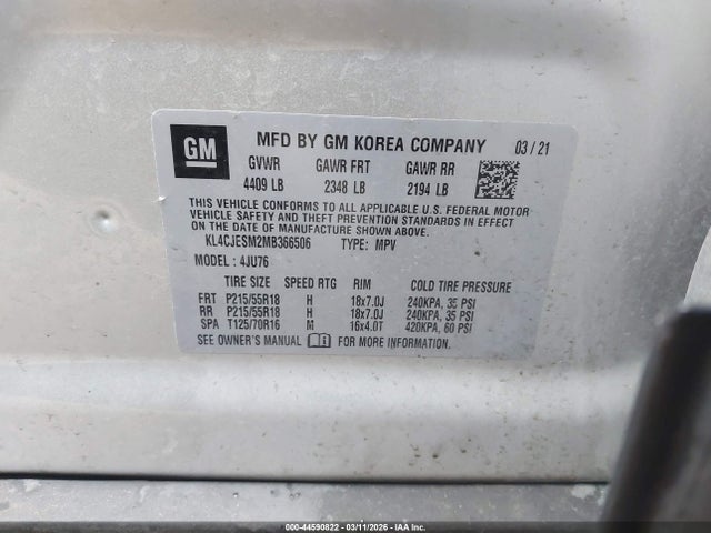 Продаж на аукціоні авто 2021 Buick Encore Awd Preferred, vin: KL4CJESM2MB366506, номер лоту: 44590822