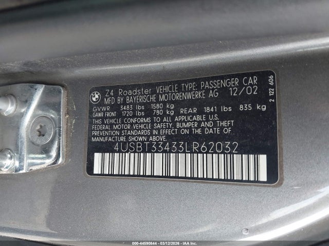 2003 Bmw Z4 2.5i მანქანა იყიდება აუქციონზე, vin: 4USBT33433LR62032, აუქციონის ნომერი: 44590844