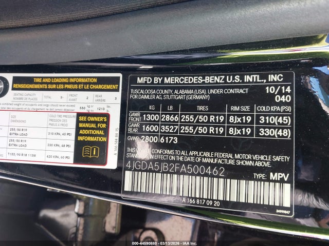 Продажа на аукционе авто 2015 Mercedes-benz Ml 350, vin: 4JGDA5JB2FA500462, номер лота: 44590880