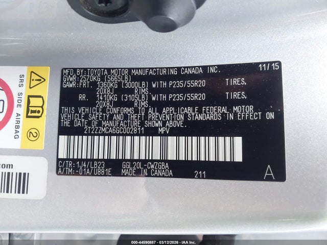 44590887 :رقم المزاد ، 2T2ZZMCA6GC002811 vin ، 2016 Lexus Rx 350 مزاد بيع