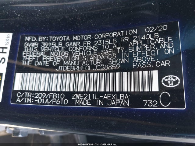 JTDEBRBE0LJ028859 Toyota Corolla Hybrid Le