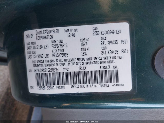 Продажа на аукционе авто 2001 Dodge Dakota Slt/sport, vin: 1B7GL2AX91S208333, номер лота: 44590894