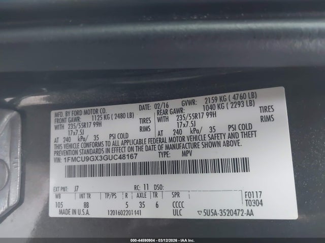 1FMCU9GX3GUC48167 Ford ESCAPE SE