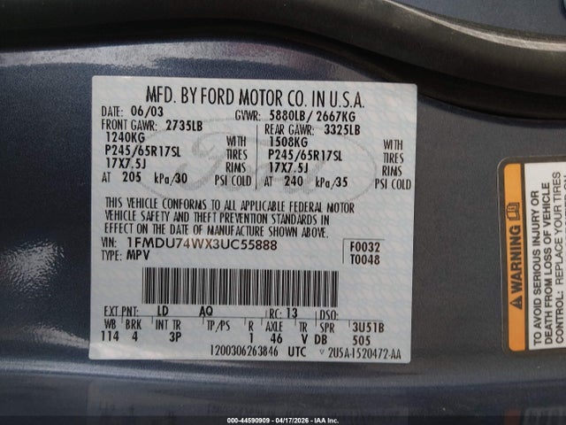 44590909 :رقم المزاد ، 1FMDU74WX3UC55888 vin ، 2003 Ford Explorer Eddie Bauer مزاد بيع