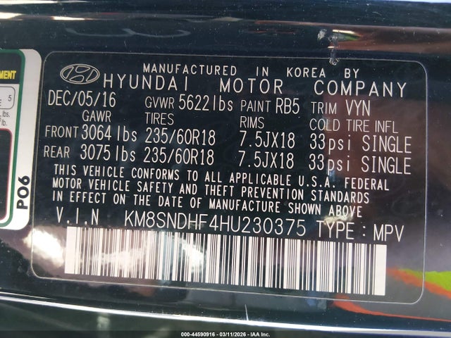 2017 Hyundai Santa Fe Se მანქანა იყიდება აუქციონზე, vin: KM8SNDHF4HU230375, აუქციონის ნომერი: 44590916