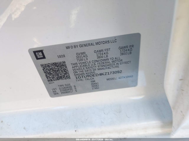 2019 Gmc Sierra 1500 Slt მანქანა იყიდება აუქციონზე, vin: 1GTU9DED4KZ173092, აუქციონის ნომერი: 44590919