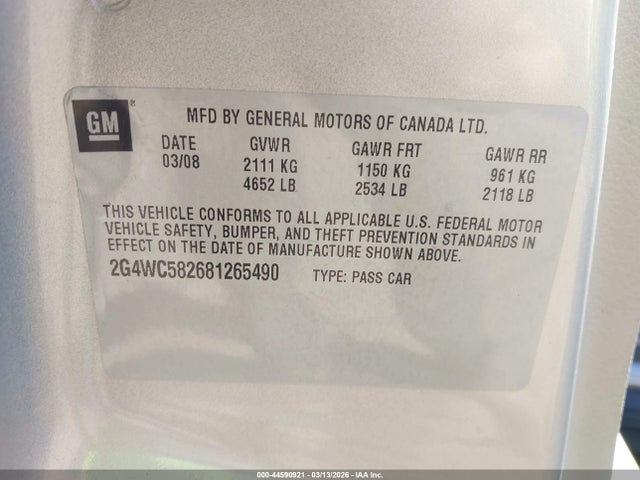Aukcja sprzedaży 2008 Buick Lacrosse Cx, vin: 2G4WC582681265490, numer aukcji: 44590921
