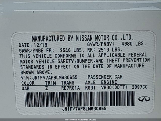 Продажа на аукционе авто 2020 Infiniti Q50 Red Sport 400, vin: JN1FV7AP8LM630655, номер лота: 44590940