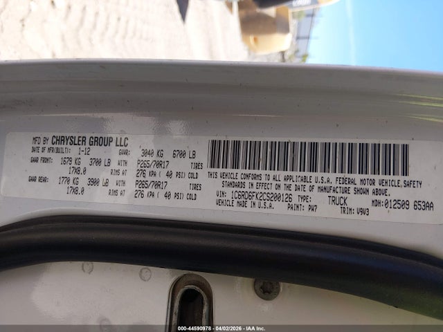 44590978 :رقم المزاد ، 1C6RD6FK2CS200126 vin ، 2012 Ram 1500 St مزاد بيع