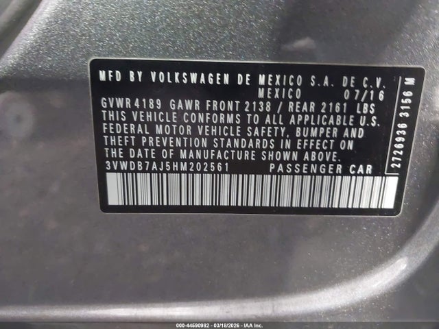 44590982 :رقم المزاد ، 3VWDB7AJ5HM202561 vin ، 2017 Volkswagen Jetta 1.4t Se مزاد بيع