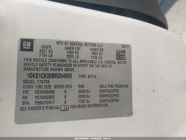 44590988 :رقم المزاد ، 1GKS1CE05BR284566 vin ، 2011 Gmc Yukon Slt مزاد بيع