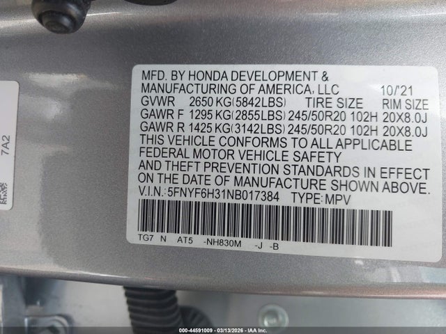 5FNYF6H31NB017384 Honda Pilot Awd Sport