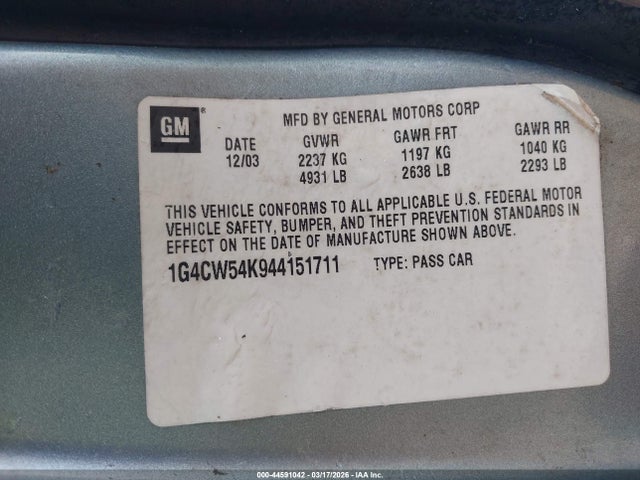 Продаж на аукціоні авто 2004 Buick Park Avenue, vin: 1G4CW54K944151711, номер лоту: 44591042