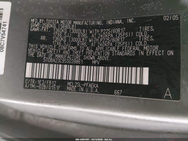 44591051 :رقم المزاد ، 5TDBA23C95S039861 vin ، 2005 Toyota Sienna Le مزاد بيع