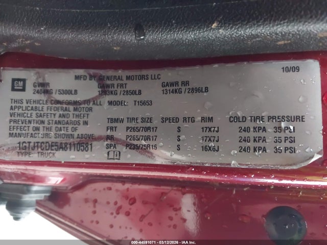 44591071 :رقم المزاد ، 1GTJTCDE5A8110581 vin ، 2010 Gmc Canyon Sle1 مزاد بيع