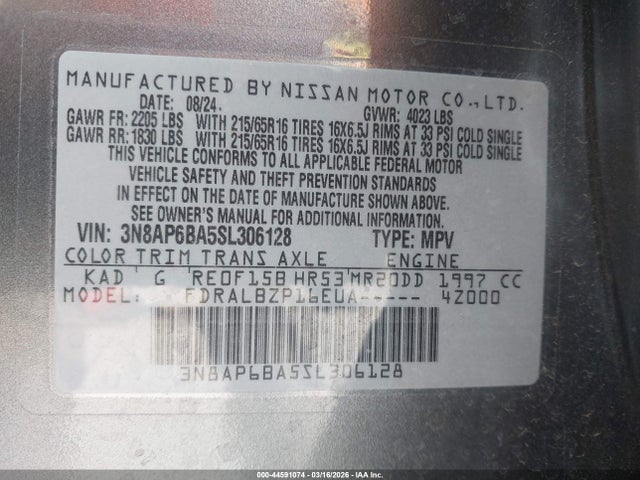 2025 Nissan Kicks S Fwd მანქანა იყიდება აუქციონზე, vin: 3N8AP6BA5SL306128, აუქციონის ნომერი: 44591074