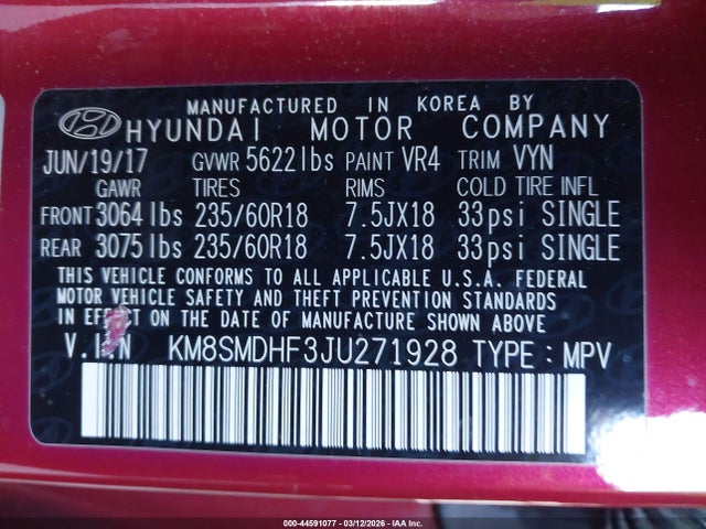 KM8SMDHF3JU271928 Hyundai Santa Fe Se