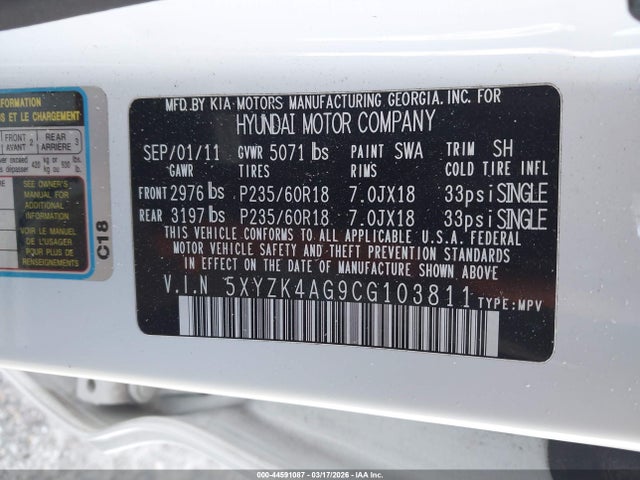 Продаж на аукціоні авто 2012 Hyundai Santa Fe Limited V6, vin: 5XYZK4AG9CG103811, номер лоту: 44591087