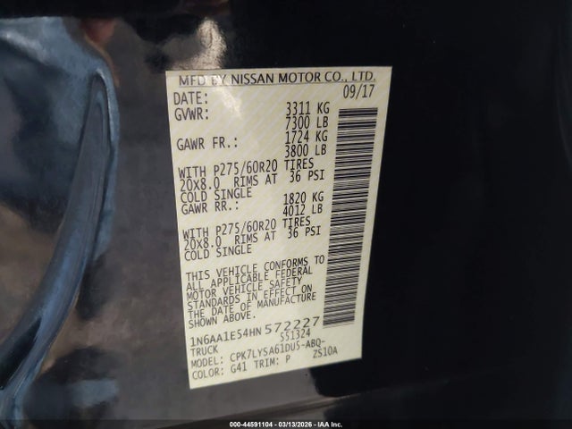 Aukcja sprzedaży 2017 Nissan Titan Platinum Reserve, vin: 1N6AA1E54HN572227, numer aukcji: 44591104