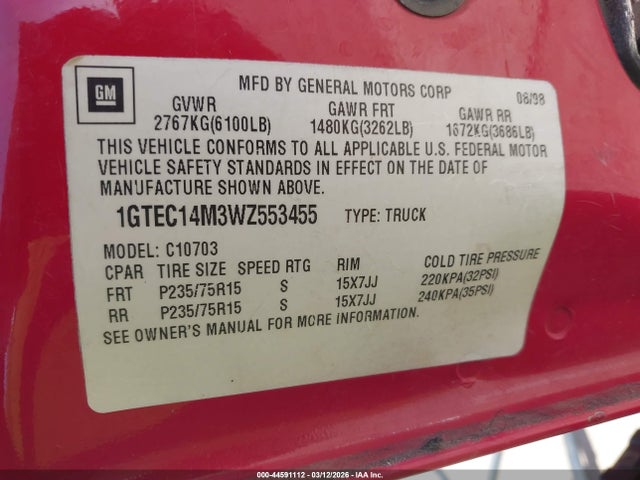 Aukcja sprzedaży 1998 Gmc Sierra 1500 Sl Wideside, vin: 1GTEC14M3WZ553455, numer aukcji: 44591112