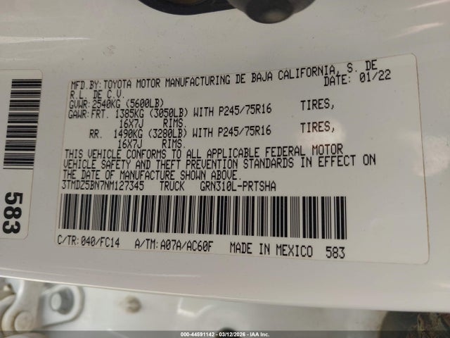 3TMDZ5BN7NM127345 Toyota Tacoma Sr5 V6