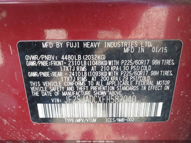 Subaru Forester 2.5i Premium 2015 JF2SJADCXFH582040 Image 9