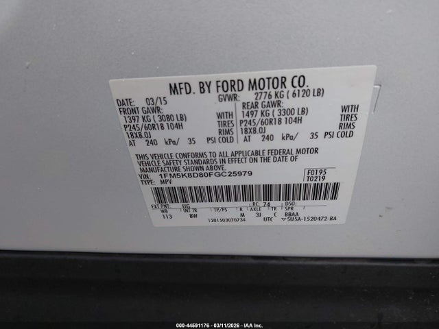 44591176 :رقم المزاد ، 1FM5K8D80FGC25979 vin ، 2015 Ford Explorer Xlt مزاد بيع