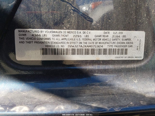 Продаж на аукціоні авто 2010 Volkswagen Jetta S, vin: 3VWJZ7AJXAM071924, номер лоту: 44591179