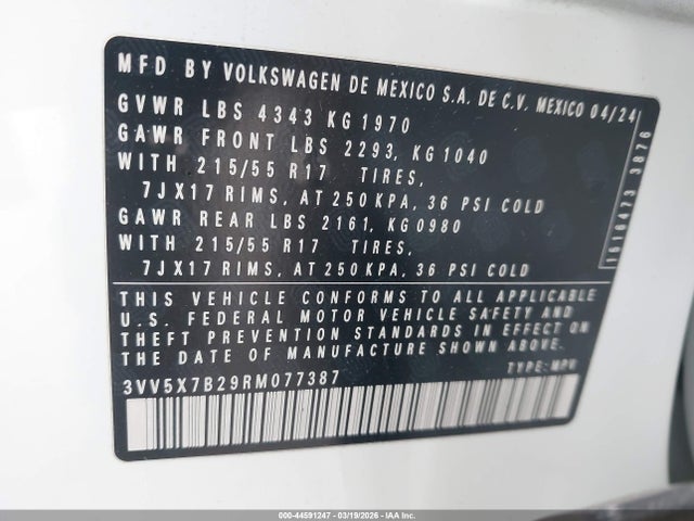 2024 Volkswagen Taos 1.5t S მანქანა იყიდება აუქციონზე, vin: 3VV5X7B29RM077387, აუქციონის ნომერი: 44591247