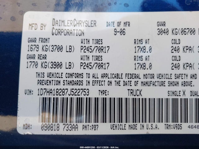 2007 Dodge Ram 1500 Slt მანქანა იყიდება აუქციონზე, vin: 1D7HA18287J522753, აუქციონის ნომერი: 44591250