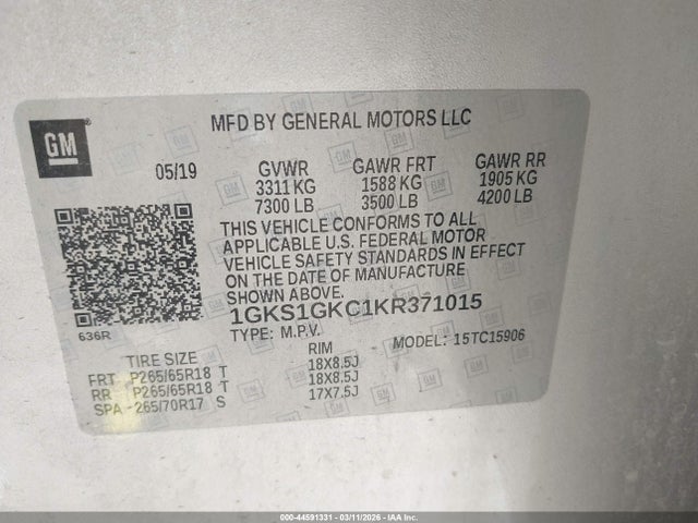 Продажа на аукционе авто 2019 Gmc Yukon Xl Slt, vin: 1GKS1GKC1KR371015, номер лота: 44591331