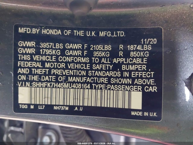 SHHFK7H45MU408164 Honda Civic Sport