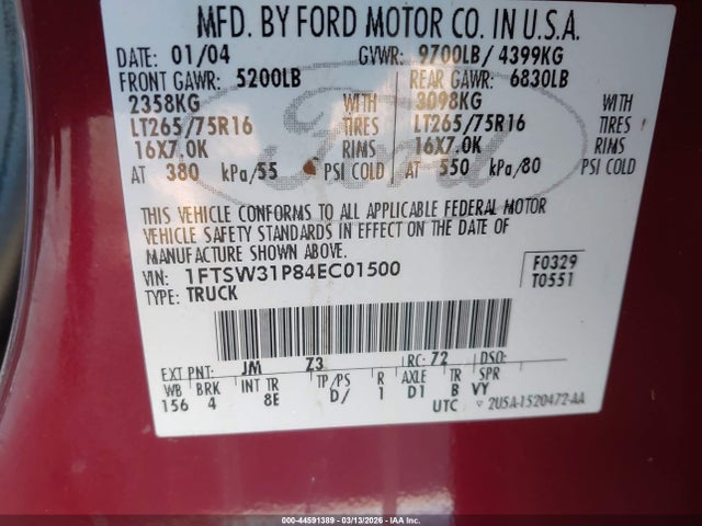 44591389 :رقم المزاد ، 1FTSW31P84EC01500 vin ، 2004 Ford F-350 Lariat/xl/xlt مزاد بيع